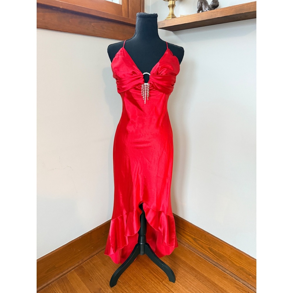 Vintage Eureka Red Satin Slip Dress Medium Rhinestone Y2K Formal Maxi Ruffle Hem